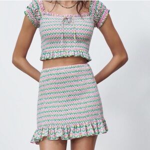 Zara Skirt Set Smocked Floral Crop Top Size Small Medium multi colored
